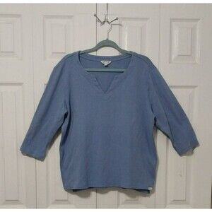 Orvis V Neck Pullover Shirt Women Size XL Coastal Blue Pima Cotton 3/4 Sleeve